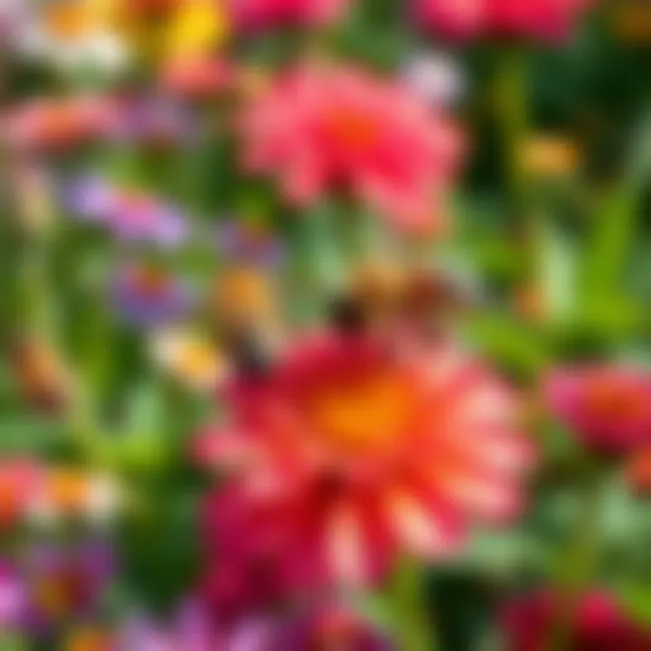 A close-up of bees collecting nectar from colorful flowers in a vibrant garden, showcasing the importance of bees in nature.