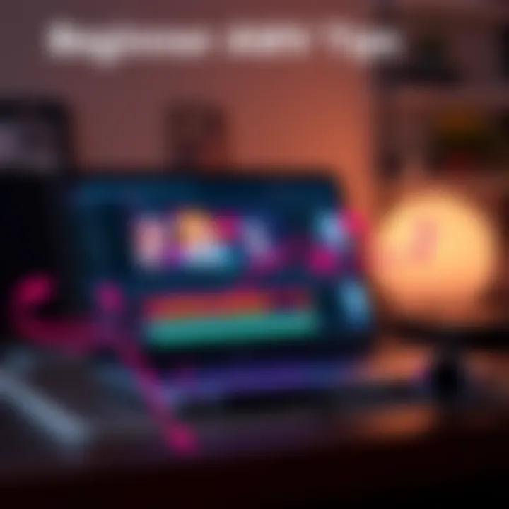 A laptop screen showing Anime Music Video editing software with colorful anime scenes and music notes around it.