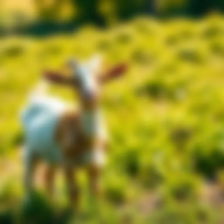 A friendly goat standing in a sunny pasture, surrounded by green grass, looking back at the camera with a gentle expression.