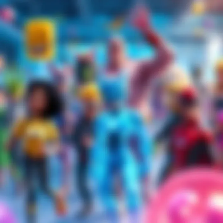 A colorful scene featuring various beloved characters showcasing their unique traits and personalities, engaging with fans in a lively setting.