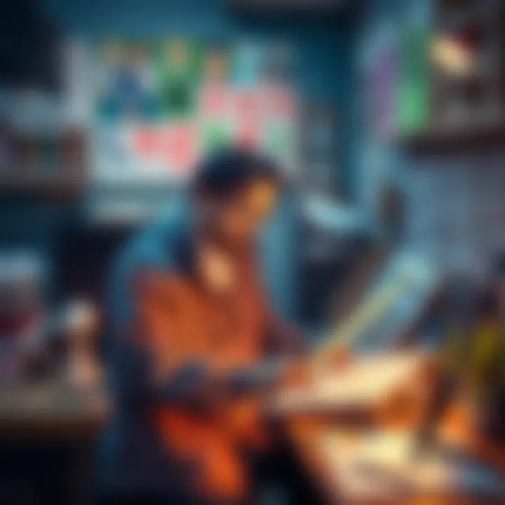 Beloved Mangaka A talented mangaka sketching characters in a vibrant studio, showcasing creativity and passion for manga art.