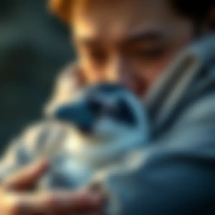A person holds a small penguin close, showing a deep bond, with a look of affection and sadness on their face.