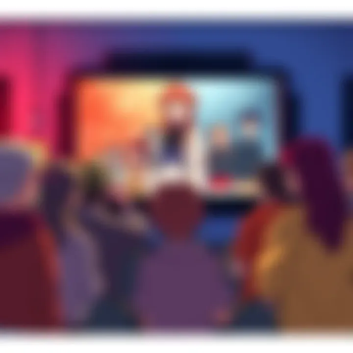 A group of excited fans watching a screen featuring characters from a revived series, showing mixed emotions about the English dub quality.