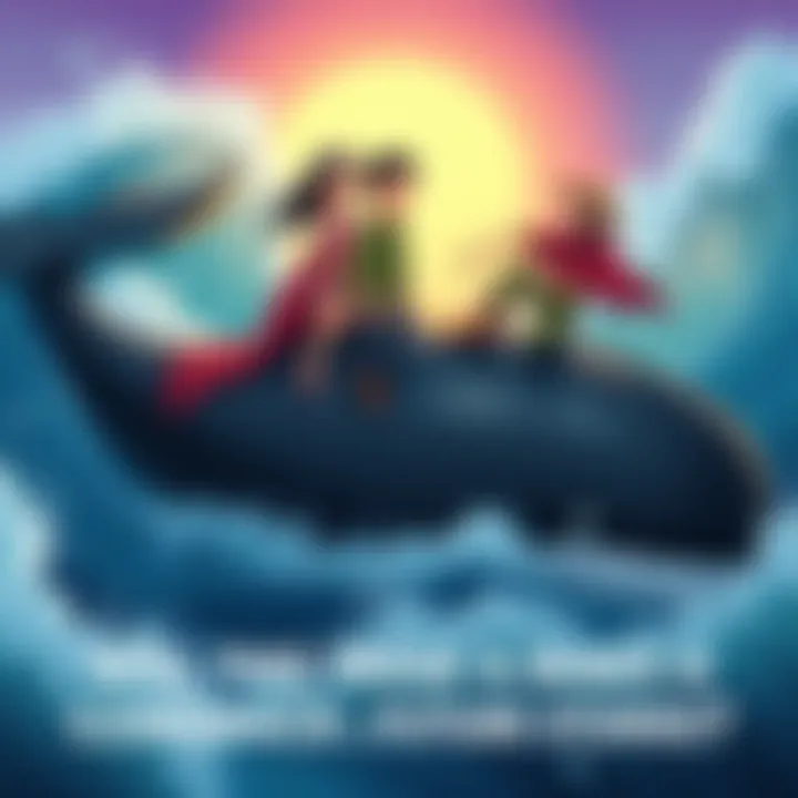 A vibrant illustration showing a trio of characters on a large black whale, with waves splashing around them, hinting at an adventure.