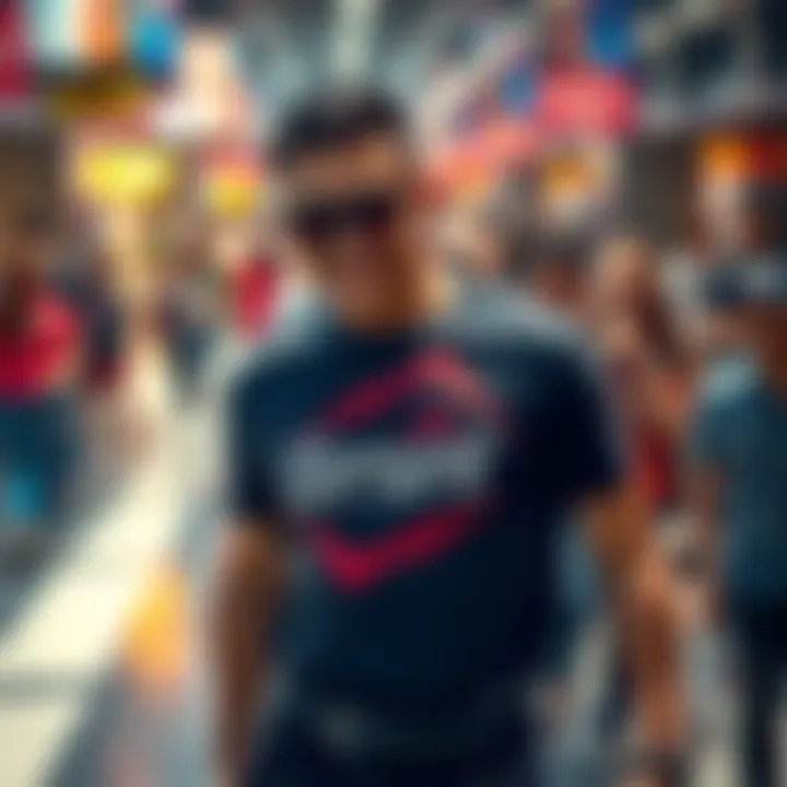 Person wearing a Berserk shirt Individual confidently displaying a bold Berserk shirt in a lively public setting, surrounded by people