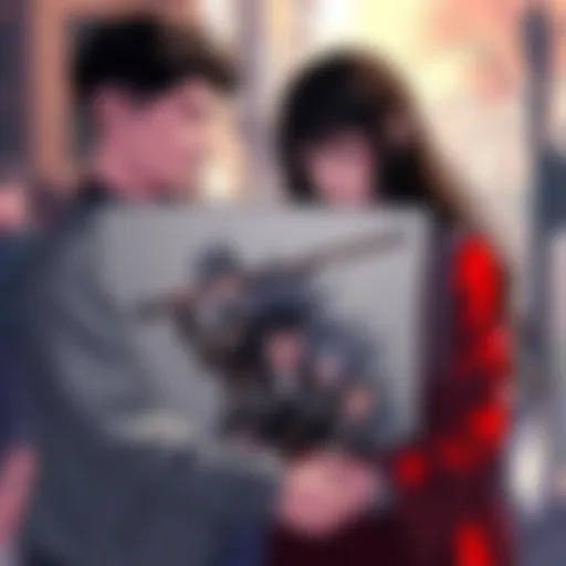 Custom Drawing of Berserk Tribute A woman presents her fiancé with a unique drawing inspired by the manga Berserk, capturing a heartfelt moment between them.