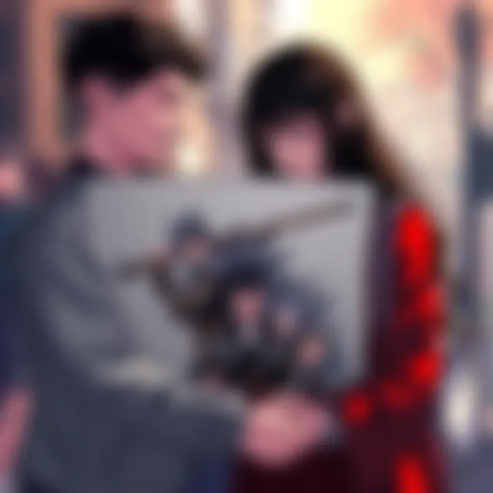 Custom Drawing of Berserk Tribute A woman presents her fiancรฉ with a unique drawing inspired by the manga Berserk, capturing a heartfelt moment between them.