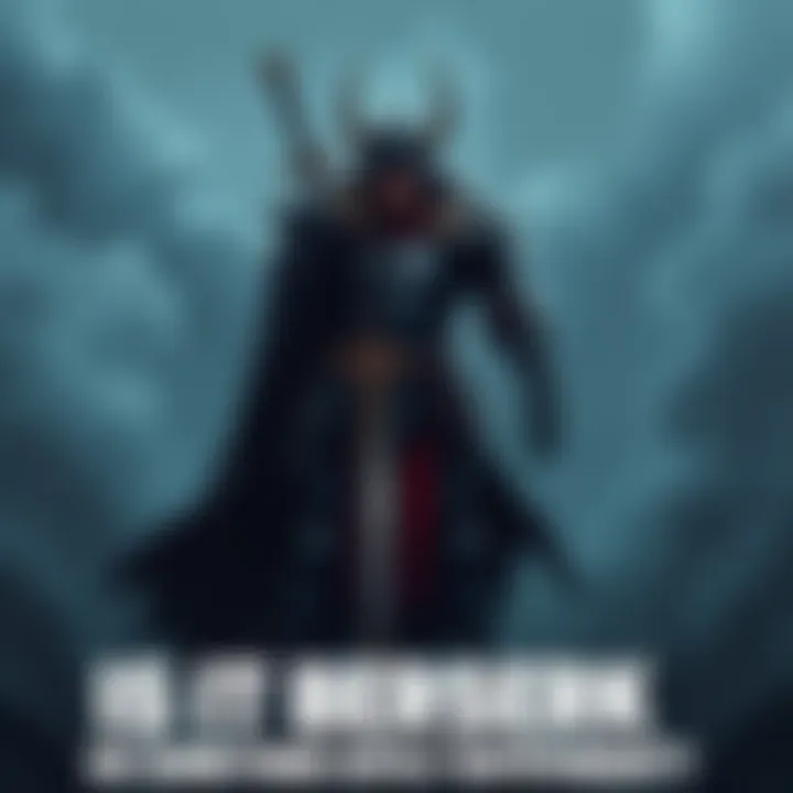An illustration featuring a warrior with dark armor and a menacing sword, reminiscent of Berserk's style. The warrior stands in a dramatic pose against a stormy background.
