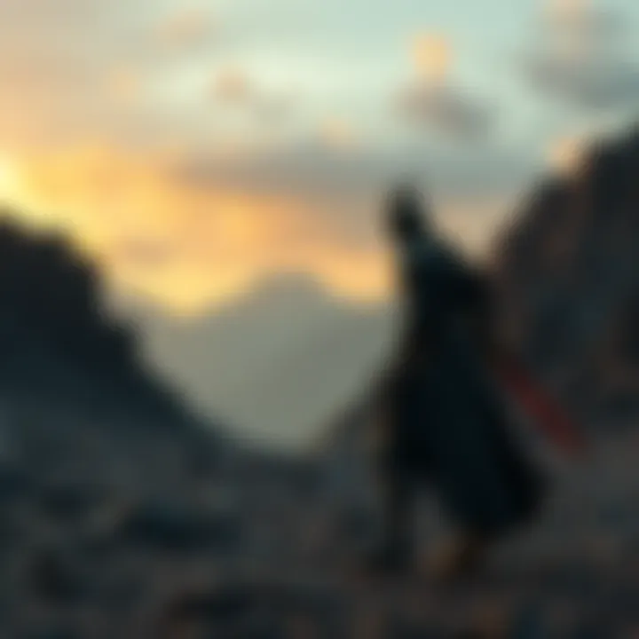 Berserk Dark Themes A scene showing a dark, armored warrior standing in a desolate landscape, symbolizing struggle and resilience in Berserk.