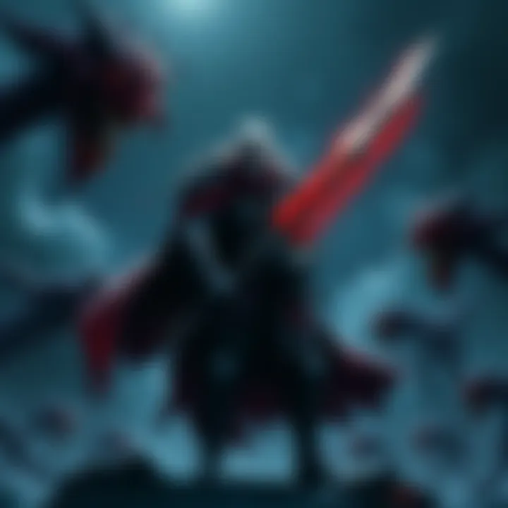 Concept illustration of a dark fantasy world featuring Guts, a warrior with a large sword, in a night setting filled with lurking monsters.