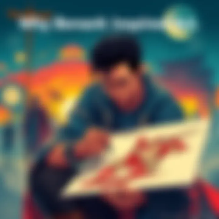 An artist sketching characters from Berserk with vibrant scenes in the background, showcasing creativity and passion for the series