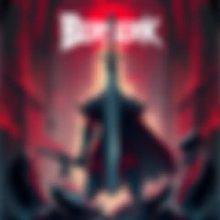 An illustration of a warrior holding a large sword, surrounded by dark fantasy elements, representing the Berserk manga series.