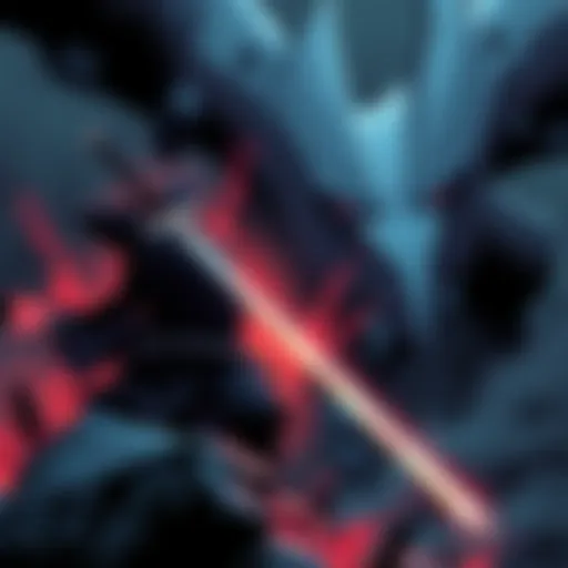 A dramatic scene showing the main character, Guts, wielding a large sword in a dark, intense landscape, symbolizing themes of betrayal and vengeance.