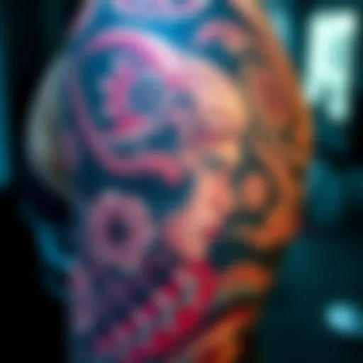 A detailed Berserk-inspired tattoo featuring intricate designs and characters, showcasing skilled artistry