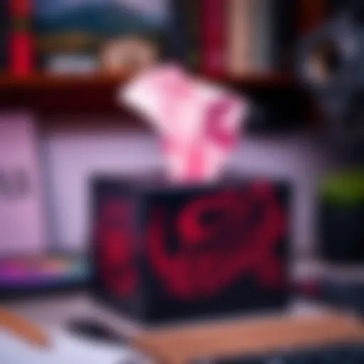 A creatively designed Berserk tissue box cover featuring dark fantasy elements, placed on a work desk with tissues inside.