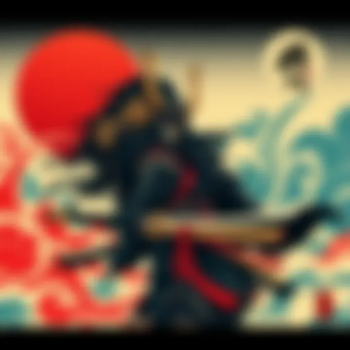 Berserk and Ukiyo-e Art Fusion A striking artwork blending the fierce warrior from Berserk with Ukiyo-e elements, showcasing traditional Japanese style and motifs.