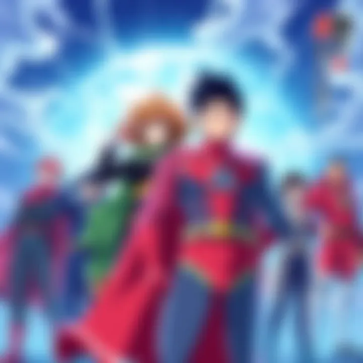 A vibrant scene showcasing several iconic anime characters in superhero costumes, appealing to new anime fans.