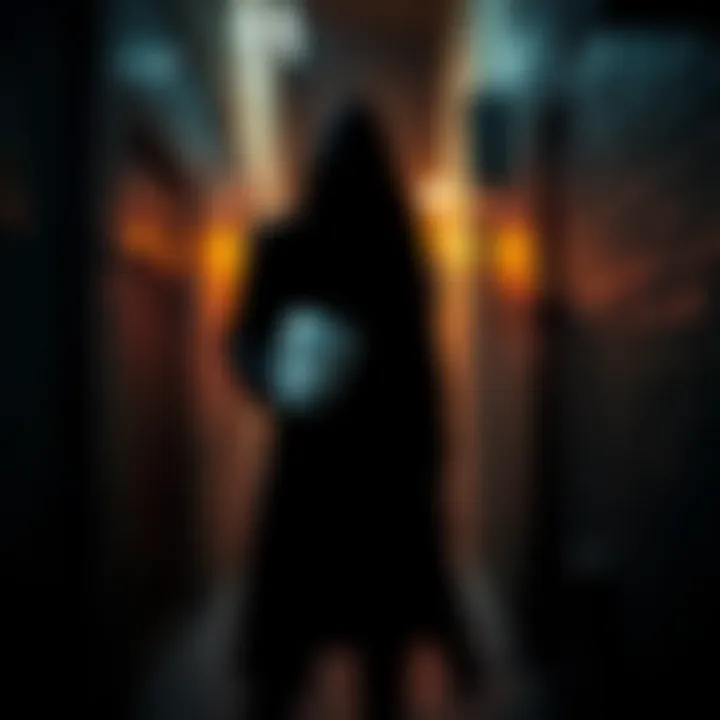 A shadowy figure stands alone in a dim alley, holding a broken mask, symbolizing betrayal and dishonor among thieves.