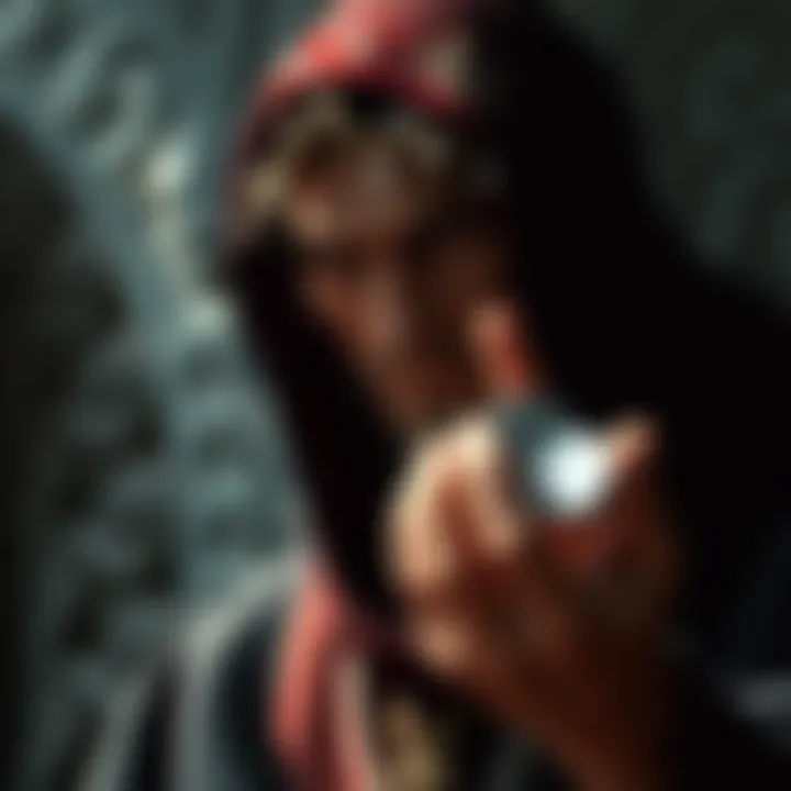 A figure representing Judas in shadow, holding silver coins with a distressed expression, symbolizing betrayal and disillusionment.