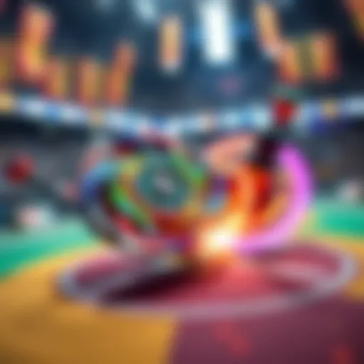 A colorful Beyblade spinning top in a fierce battle against another top on a competition arena