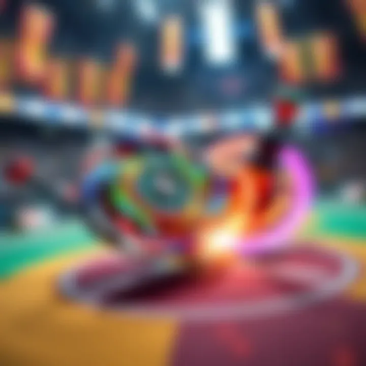 A colorful Beyblade spinning top in a fierce battle against another top on a competition arena