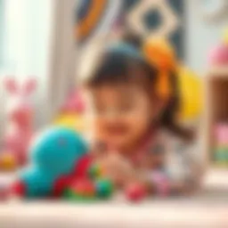 A young girl named Biboo joyfully plays with her colorful new toy, surrounded by a cheerful atmosphere.