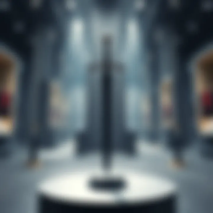 A depiction of a large black sword missing from its display, with an empty pedestal and curious onlookers around.