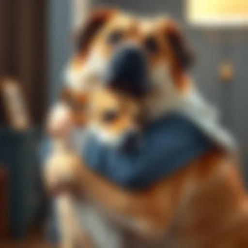 A person being hugged by a large, friendly dog, expressing warmth and comfort.