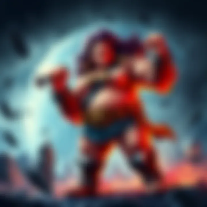 A powerful character known as Big Mom stands confidently in a battle stance, showcasing her strength and determination, surrounded by a stormy backdrop.