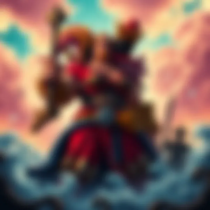 Big Mom, a large woman with vibrant hair, stands confidently, surrounded by her pirates and offering protection over her territory.