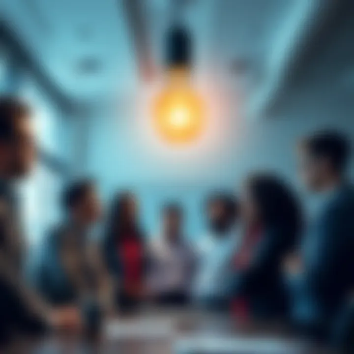 A light bulb above a group of diverse entrepreneurs brainstorming innovative business strategies in an office setting.