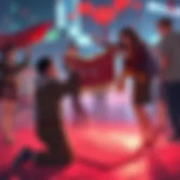 A billionaire in Hong Kong kneels to propose, holding a handmade Attack on Titan-themed scarf, while surrounded by friends and fans celebrating the moment.