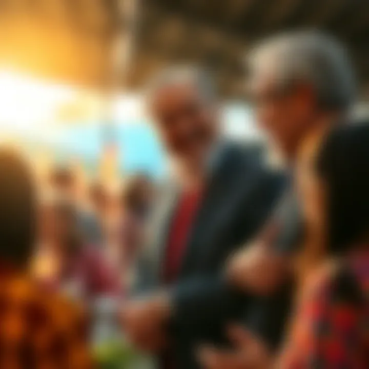 A wealthy billionaire chatting with local people at a community event, showing empathy and connection.
