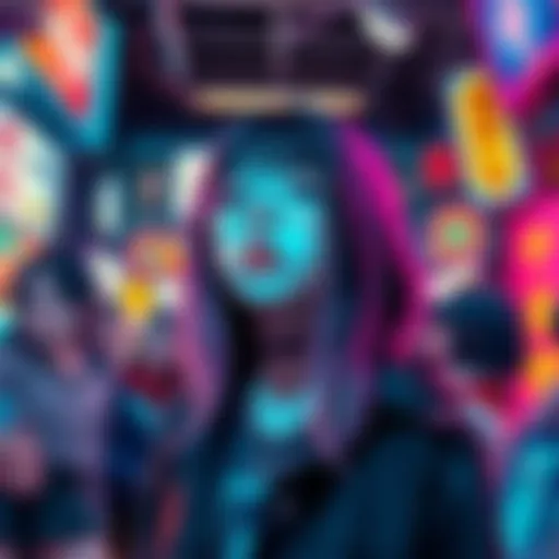 Billy Eilish in an Anime Scene Billy Eilish appears in a colorful anime-style setting, surrounded by vibrant characters and visuals, capturing the blend of pop culture and anime.
