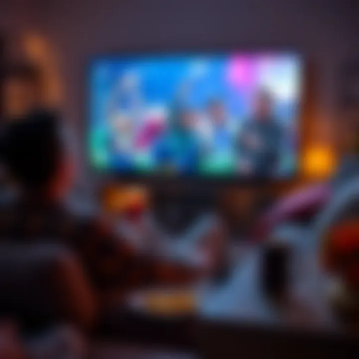 A person sitting on a couch, intently watching a TV show on a large screen, surrounded by snacks and drinks, showing excitement and engagement.