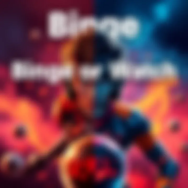 A split screen showing a person binging a series and another person watching weekly episodes, with a Steel Ball Run theme.