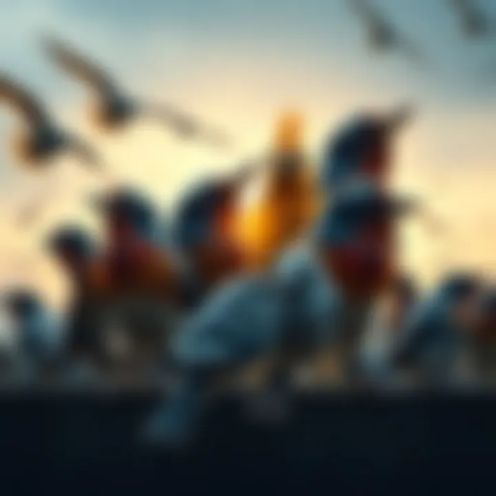 A flock of birds showing unexpected behavior after Tesla's passing, perched together in a somber setting