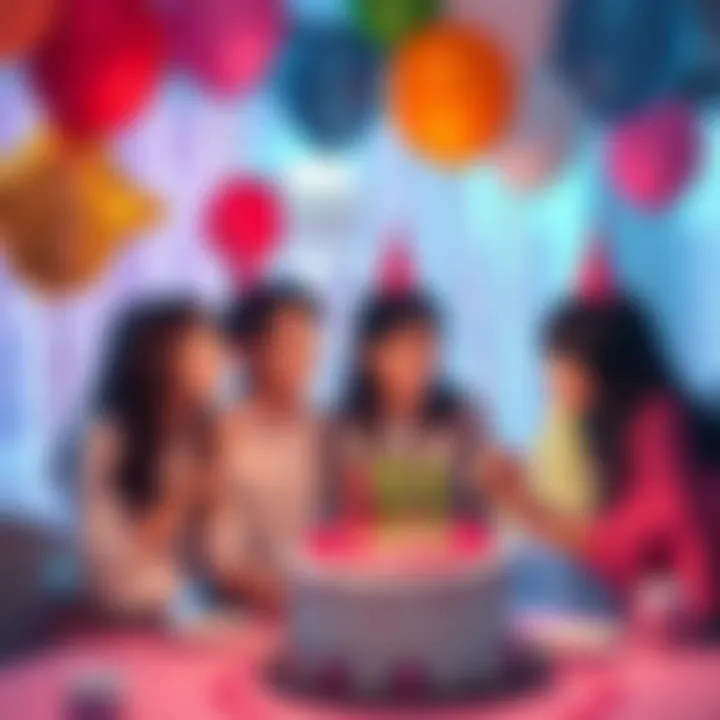 A joyful birthday celebration with balloons, a cake, and people laughing together