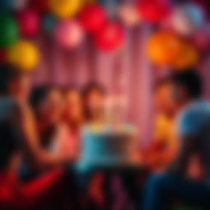 Birthday Celebration A colorful birthday party scene with balloons and a cake, surrounded by cheerful friends and family members celebrating together.