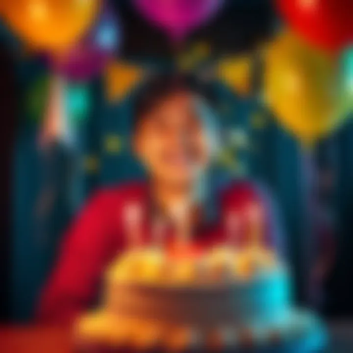 Birthday Celebration A cheerful person celebrating their birthday with cake and balloons, smiling happily.