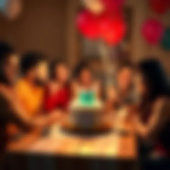 A group of friends gathered around a table decorated with balloons and a cake, laughing and sharing memories to celebrate a belated birthday.