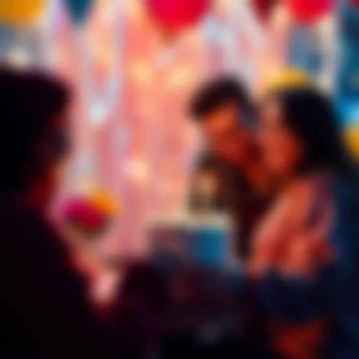 A couple sharing a joyful moment during a birthday party with cake and decorations