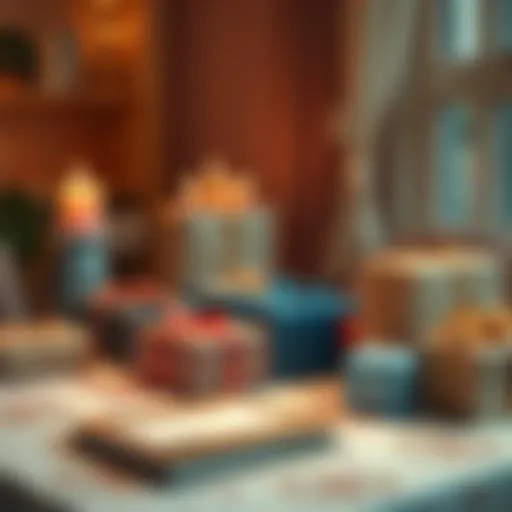 A table covered with birthday gifts, including wrapped presents and a card, showing a personal and loving atmosphere.