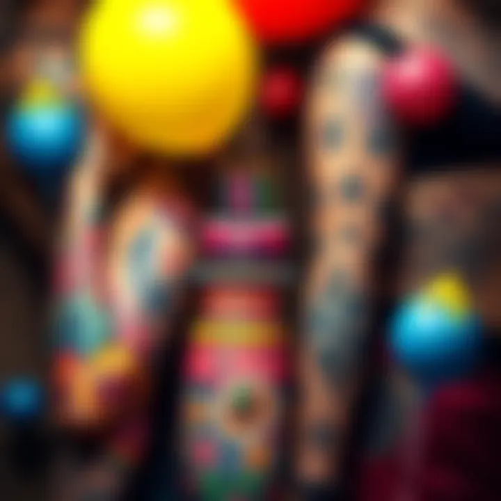 A variety of birthday-themed tattoos including cake, balloons, and stars, showcasing different styles and colors.