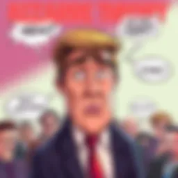A humorous cartoon depicting a public figure with exaggerated features, surrounded by speech bubbles debating a strange origin story, blending comedy with social critique.
