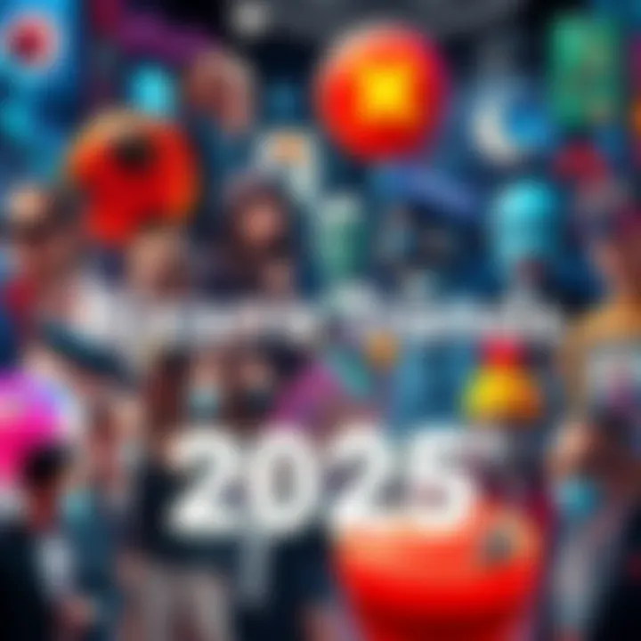 A collage showcasing unusual events and trends of 2025, featuring quirky fashion, odd gadgets, and strange social gatherings.