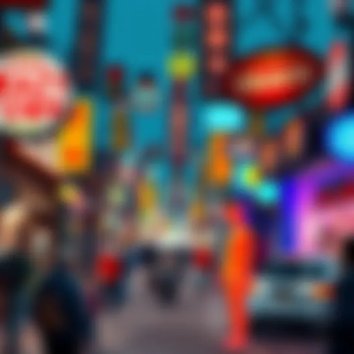 A lively street scene in a unique town filled with colorful signs and lively people, showcasing unusual sound sources such as musicians and street performers.