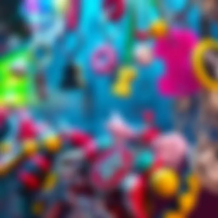 A variety of colorful keychains and collectibles related to BKDK displayed creatively