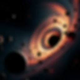 A visualization showing the density of black holes compared to other celestial bodies, with black holes depicted as dark spheres and stars and planets around them.