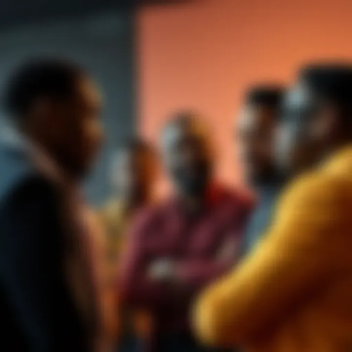 A group of Black actors engaged in a serious discussion about portraying characters with Black traits.